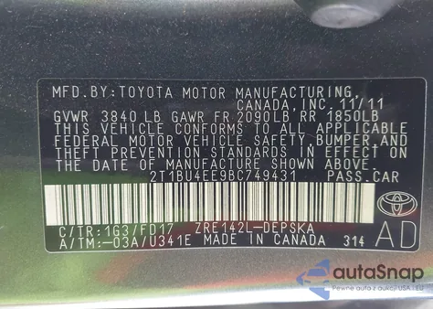 2011 Toyota Corolla S z USA, uszkodzony, nr VIN 2T1BU4EE9BC749431